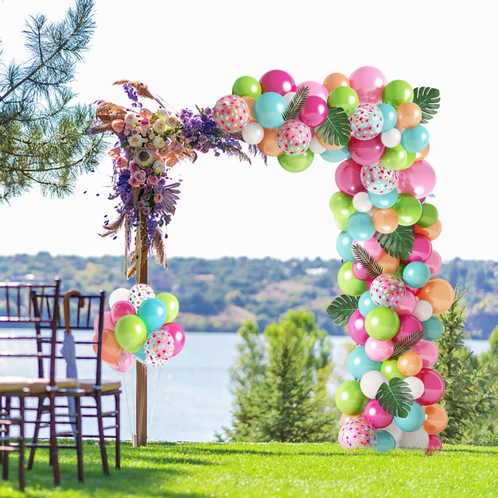 140Pcs Tropical Balloon Arch Garland Kit Hawaiian Hot Pink Green Balloon Party Decoration Set Confetti Latex Balloon Flamingo Palm Leaves for Birthday Summer Party Beach Wedding Party Decoration - Image 4