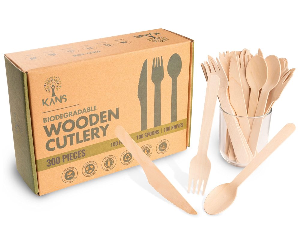 KANS 300 pcs Disposable Wooden Cutlery Set Eco Friendly 100 Forks 100 Spoons 100 Knives - Plastic Free Packaging - Biodegradable Compostable Recyclable-Ideal for Outdoor and Indoor Events and Parties