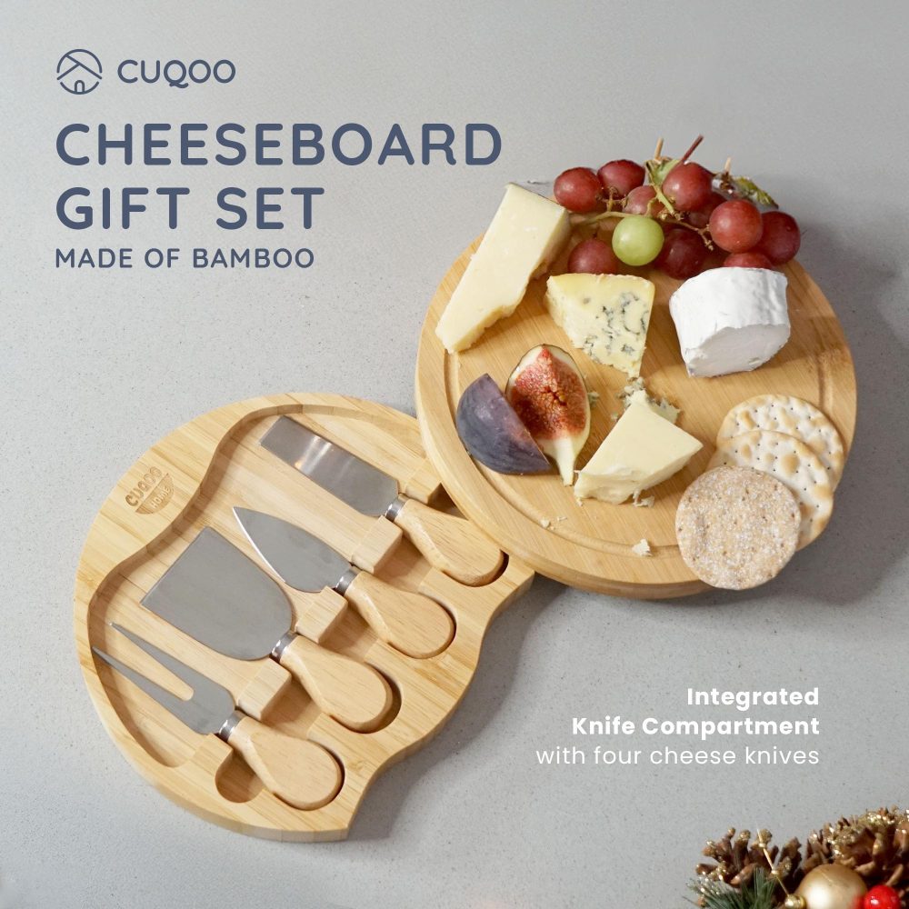 CUQOO Bamboo Cheese Board Set – Charcuterie Board with 3 Stainless Steel Knives & Fork, Serving Platter with Compartment for Meats, Cheese, and Fruits | Perfect for Parties & Gifts - Image 8