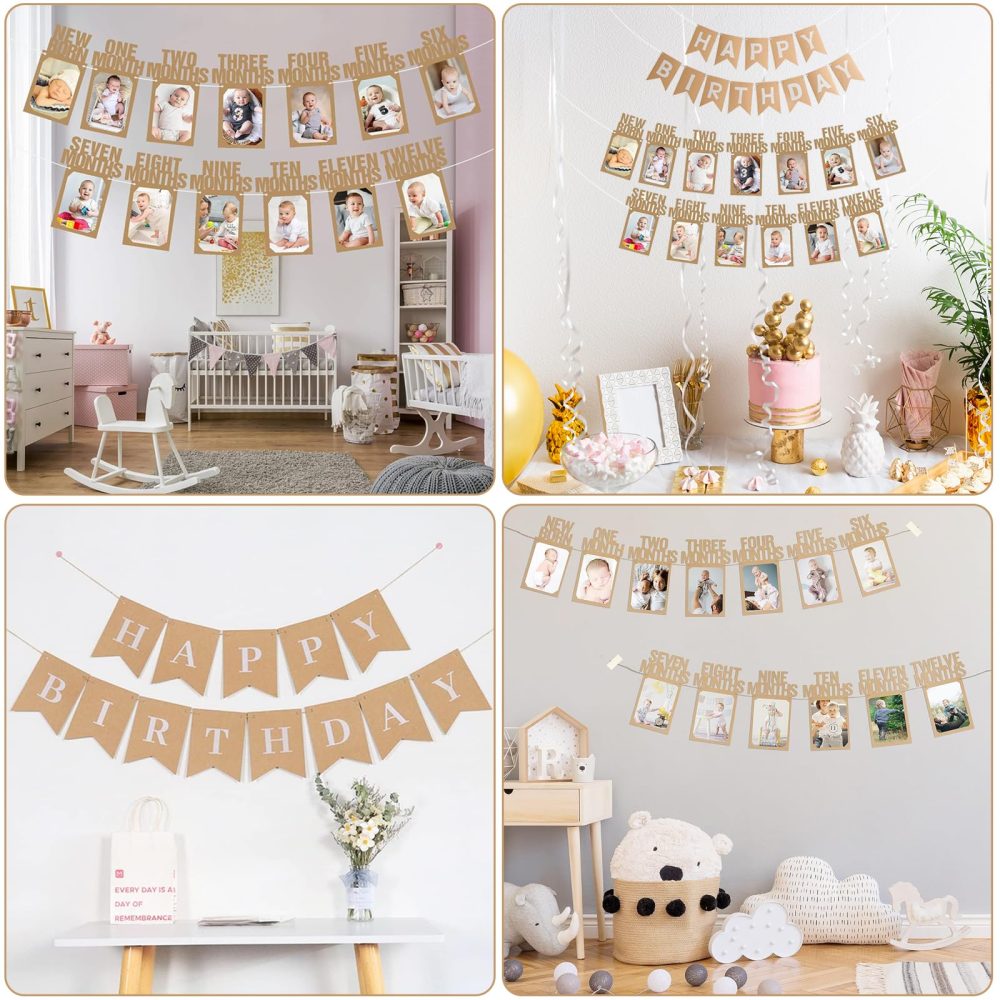 1st Birthday Photo Banner and Happy Birthday Garland Set - First Birthday Monthly Milestone Banner Birthday Bunting Pull Flag for Newborn to 12 Months Baby Celebration Decoration - Kraft - Image 2