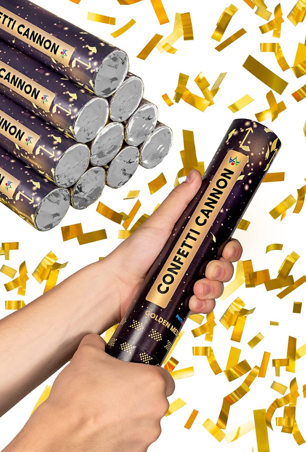 Confetti Cannons Gold - 10 Pack Party Poppers - Easy & Safe to Use - 30cm Cannon - Gold Foil - For Birthday, Wedding - Indoor & Outdoor Use