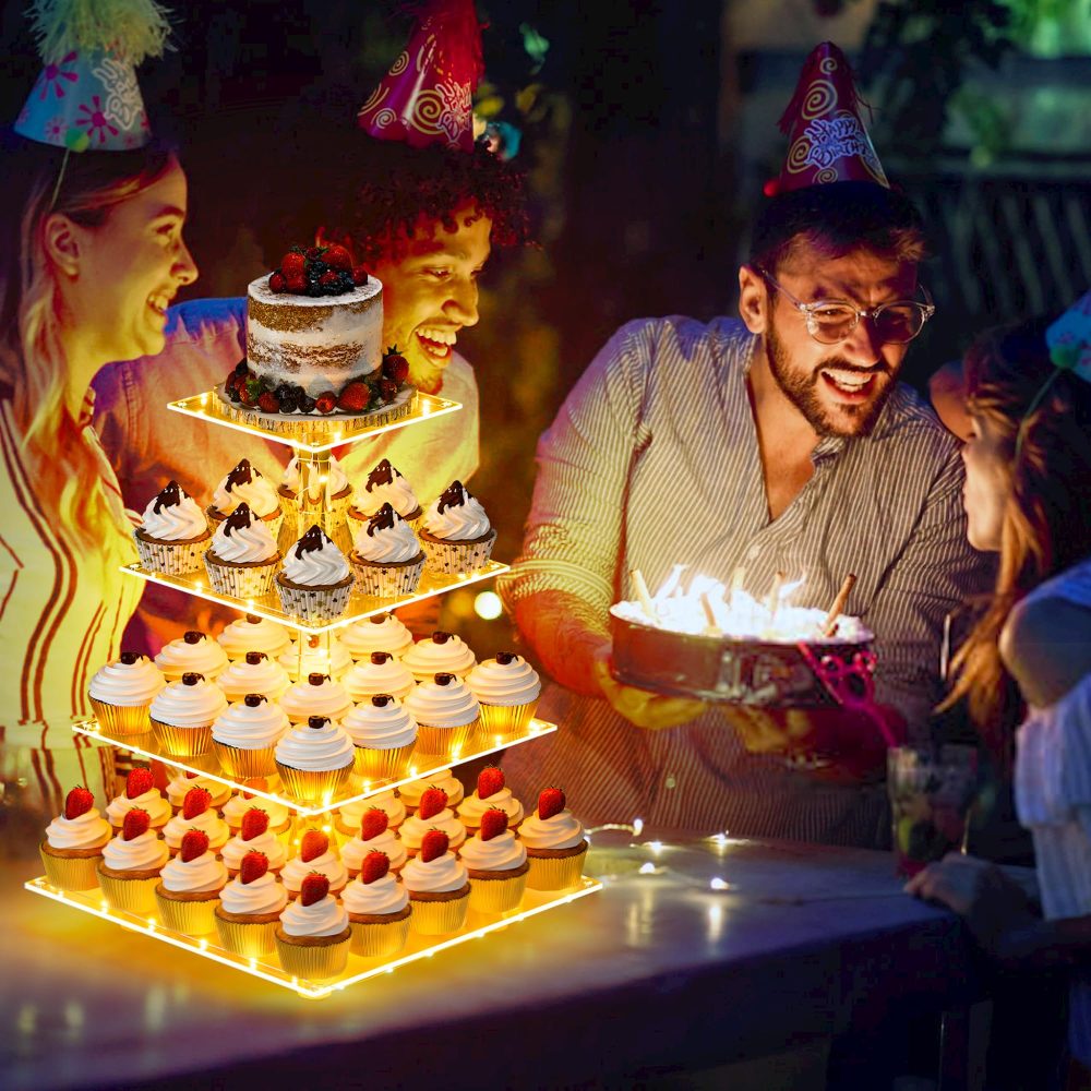 4 Tier Cupcake Stand Acrylic Tower Display with LED Light Premium Holder Dessert Tree Tower for Birthday Cady Bar Décor Weddings, Parties Events (Yellow Light) - Image 8