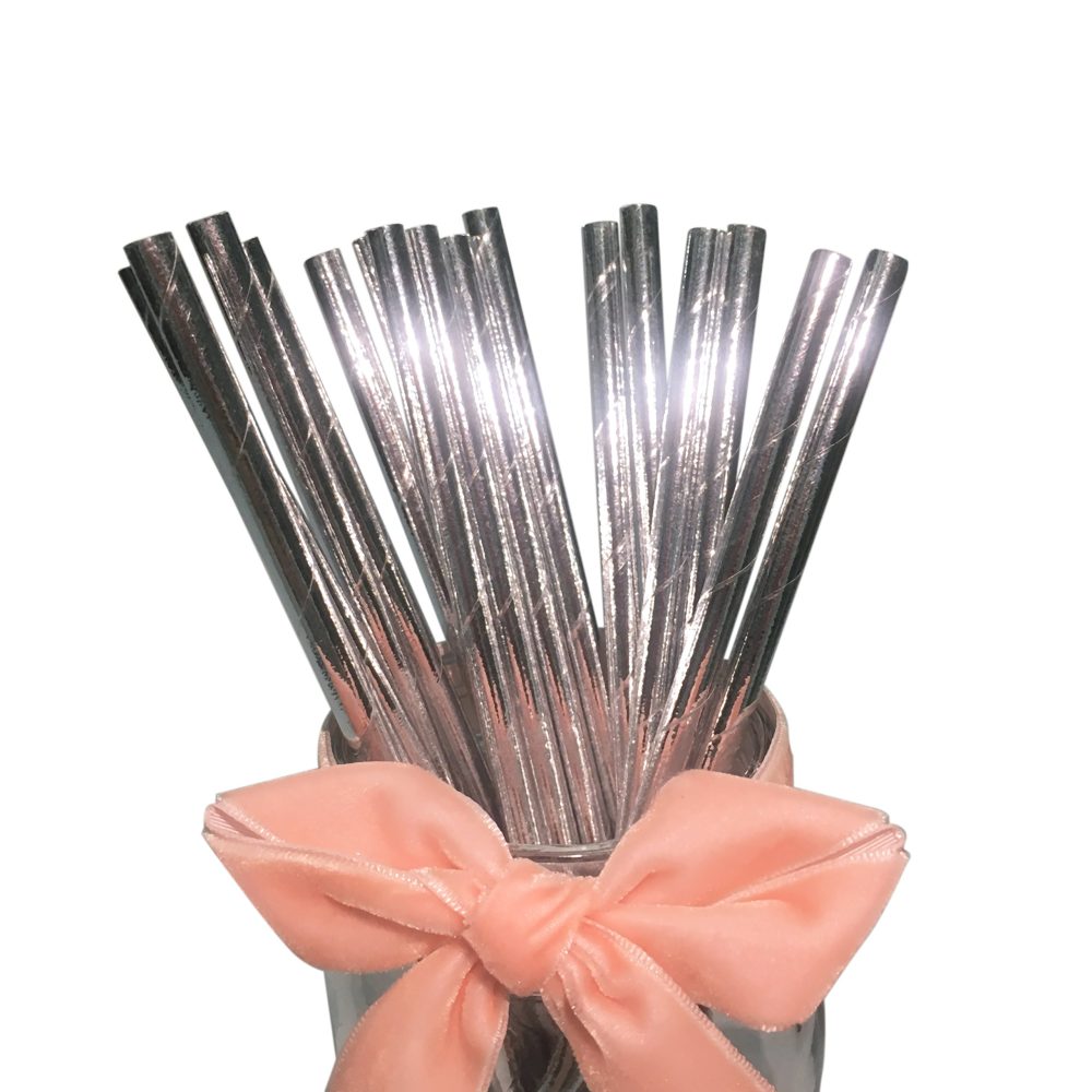 Glitter Metal Solid Silver Straws, Pack of 100 Biodegradable Silver Paper Straws Disco Paper Drinking Straws for Party Birthday Wedding Decorations