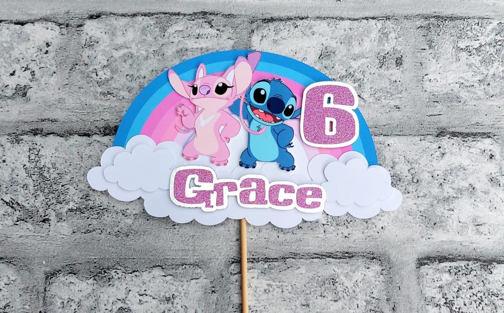 Stitch and Angel Personalised Cake Topper - Birthday Rainbow glitter