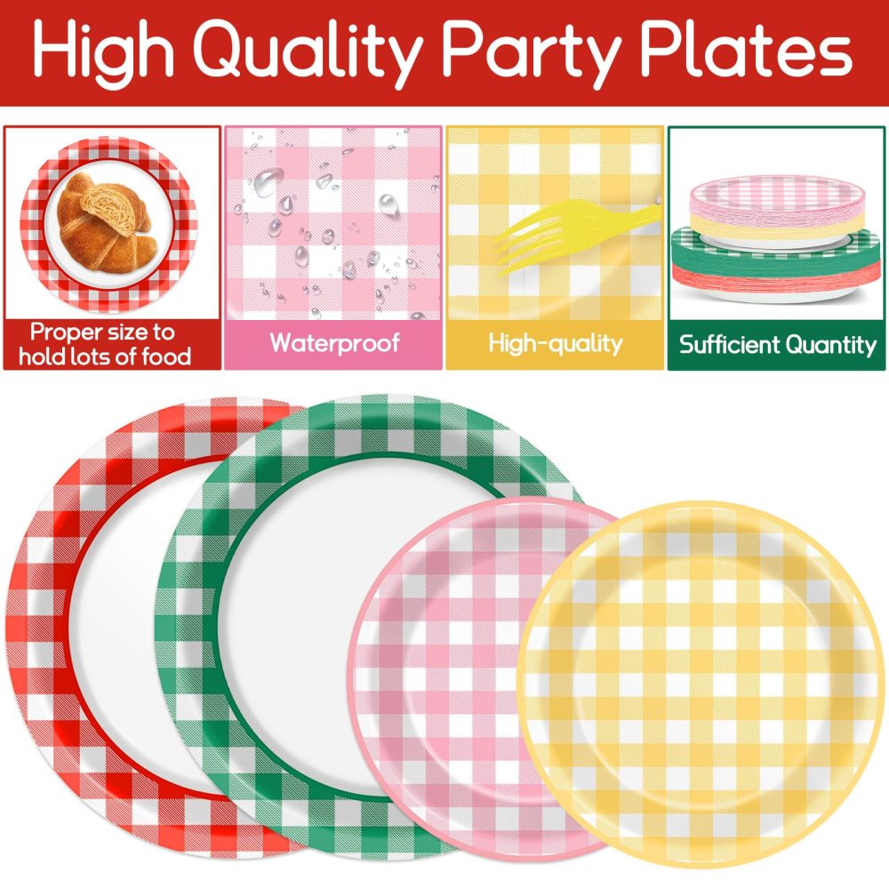 ojustbeok 48 Pcs Camp Gingham Paper Plates Gingham Checkered Bachelorette Party Supplies Glamping Birthday Dinner Plates Summer Bridal Shower Decorations Camping Themed Party Favors Baby Shower - Image 6