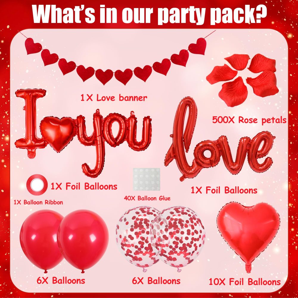 I Love You Balloons Decorations - Red Valentine's Day Party Supplies Includes Garland Rose Petals Love Letter Latex Balloons for Proposal Engagement Birthday Anniversary Surprise Party - Image 7