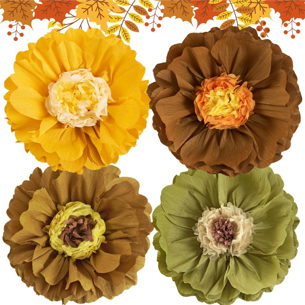 SUNBEAUTY Autumn Decorations 4 PCS 20" Party Brown Fall Giant Paper Flowers Tissue Paper Flowers Paper Flowers Decorations Spring Party Decorations Flower Birthday Party Decorations