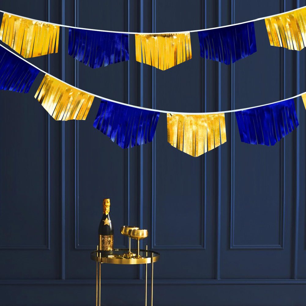 16.93Ft Royal Blue Gold Tassel Bunting Double Sided Metallic Fabric Pennant Banner for Birthday Wedding Graduation Retirement Bridal Shower Anniversary Bachelorette Nautical Ahoy Achor Party Decor - Image 3