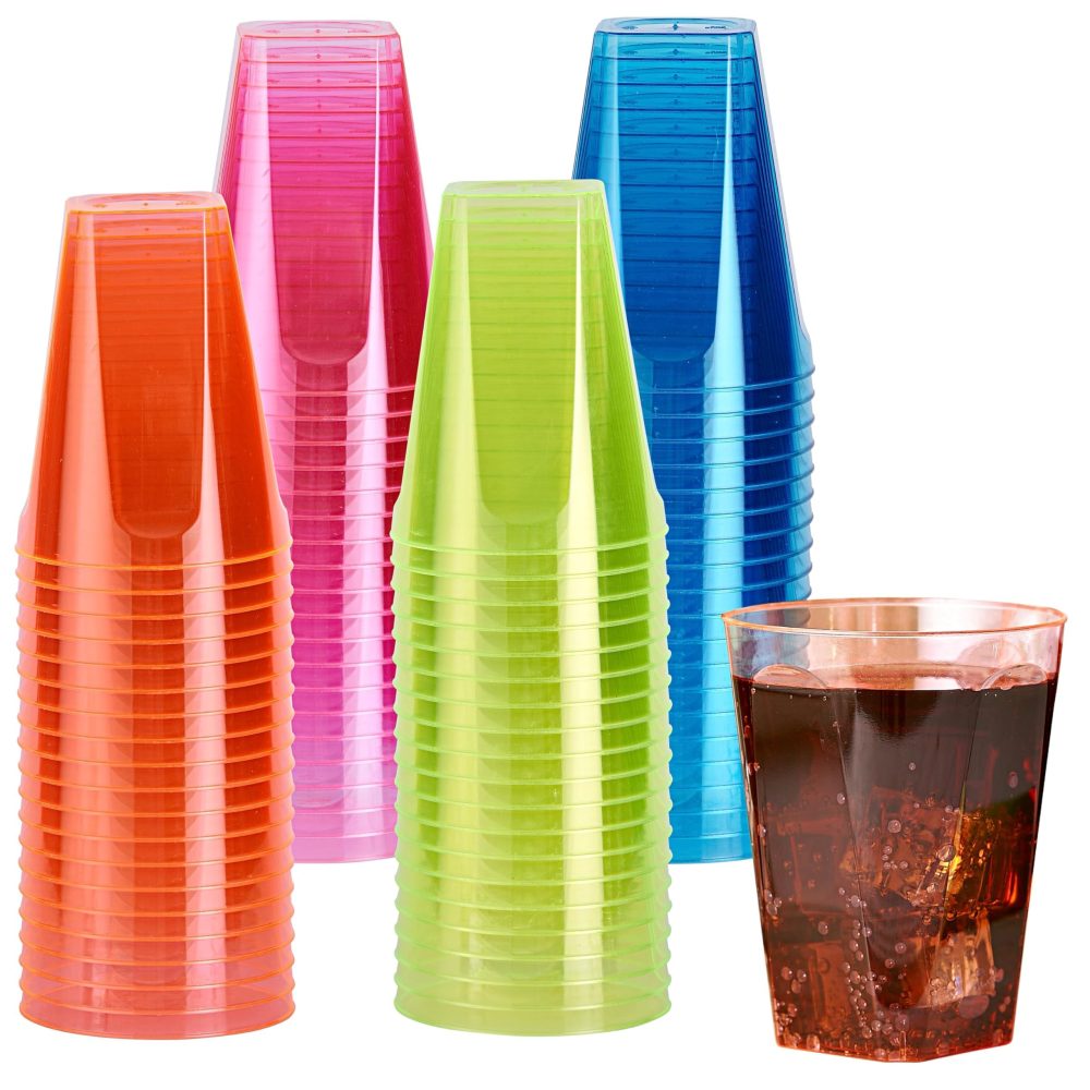 MATANA Pack of 240 Colourful Hard Plastic Party Cups (Neon, 210 ml) - Reusable Plastic Cups, Plastic Cups, Drinking Cups, Cocktail Cups for Birthdays, Children's Parties, Weddings