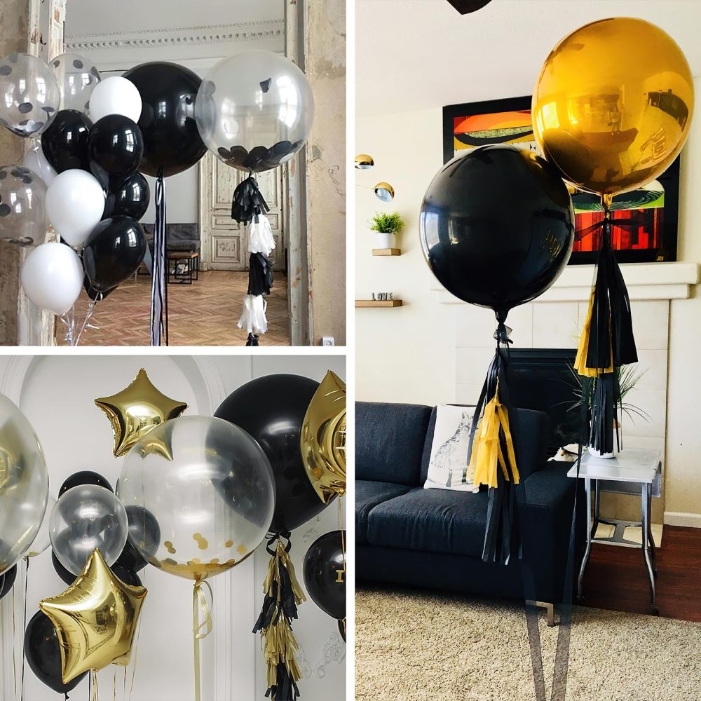 PartyWoo Black Balloons, 6 pcs Black Birthday Decorations, 22 inch Giant 4D Foil Balloons and Ribbon, Large Mylar Balloons, Metallic Black Balloons for Retirement Party Decorations, Wedding - Image 3