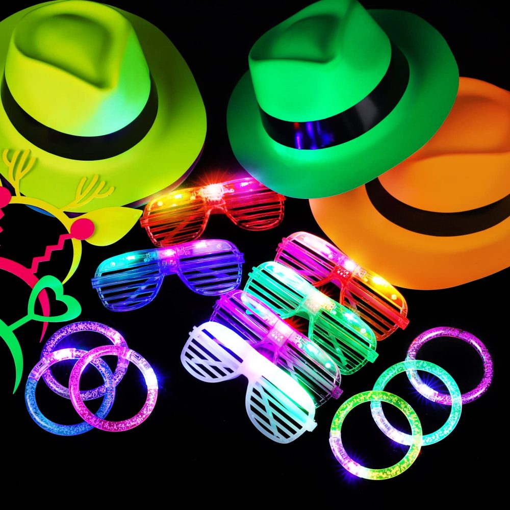 Aodaer 94 Pieces Neon Party Supplies kit Includes 6 Plastic Fedora Hats 6 Colorful Wigs 6 Flashing Light up Glasses 12 Glow Bracelets 44 Photo Booth Props 20 Hairpins for Glow Birthday Party Favors - Image 4