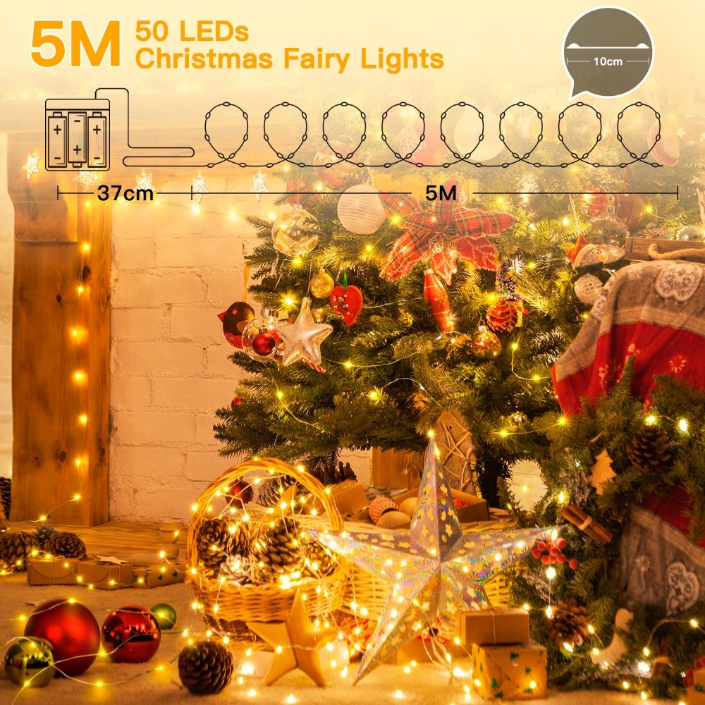 Ollny 5m 50 LED Fairy Lights Battery Operated, Bright Waterproof Copper Wire String Light for Indoor Outdoor Lighting, Christmas Tree Bedroom Outside Party Bottle Wedding Decorations (Warm White) - Image 8