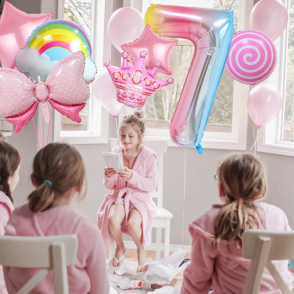 7th Birthday Decorations for Girls - 12 Pieces Inflatable Ice Cream Candy Bow Flower Star Roller Skate Balloons, Large Number 7 Foil Balloon, Colorful 7 Year Old Birthday Party Supplies - Image 4