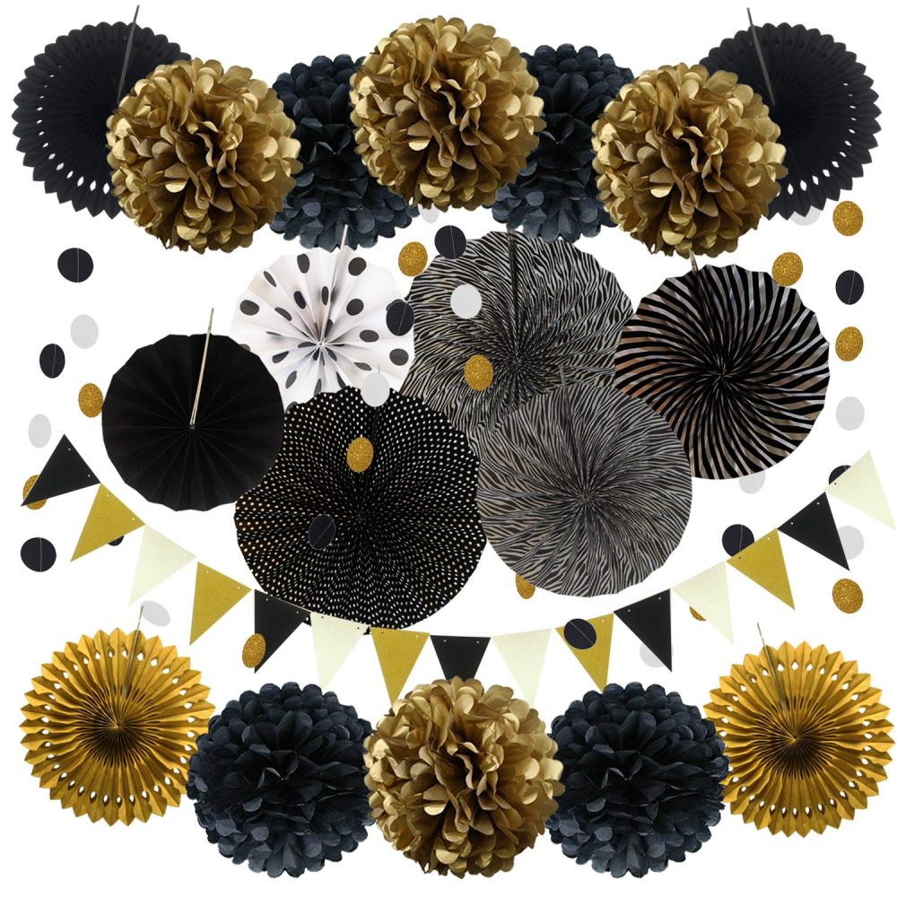 Zerodeco Party Decoration, 21 Pcs Black and Gold Hanging Paper Fans, Pom Poms Flowers, Garlands String Polka Dot and Triangle Bunting Flags for Birthday Party graduations Wedding Décor Happy New Years