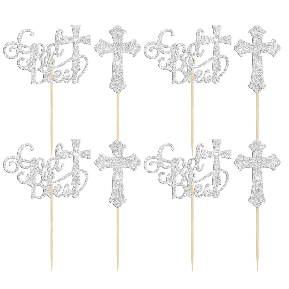 Gyufise 24Pcs God Bless and Baptism Cupcake Toppers Silver Glitter Cross God Bless Cupcake Picks for Christian First Communion Baptism Party Cake Decorations Supplies - Image 6