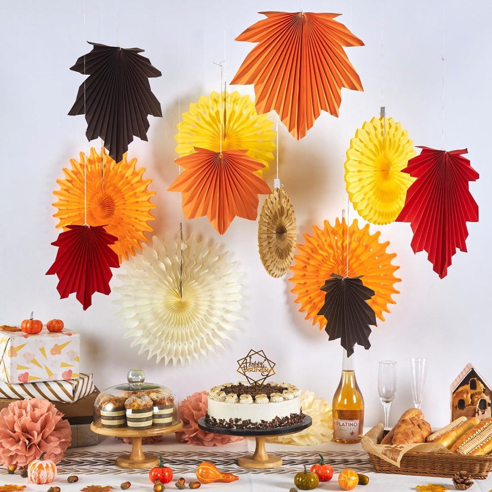 SUNBEAUTY 12 Pcs Orange Hanging Maple Paper Leaves Fans for Fall Party Decorations Hanging Leaf Fall Paper Fans for Autumn Thanksgiving Woodland Birthday Baby Shower Rustic Wedding Party Decorations - Image 3