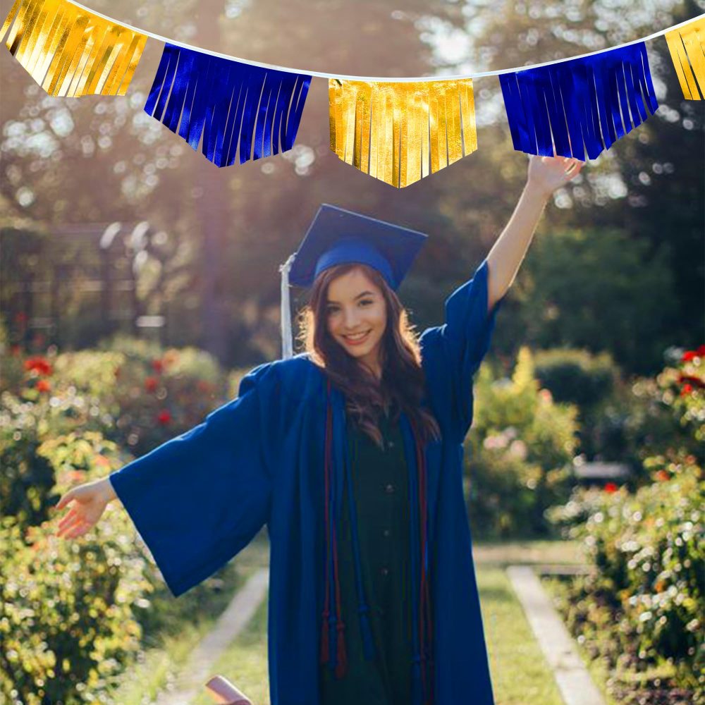 16.93Ft Royal Blue Gold Tassel Bunting Double Sided Metallic Fabric Pennant Banner for Birthday Wedding Graduation Retirement Bridal Shower Anniversary Bachelorette Nautical Ahoy Achor Party Decor - Image 2