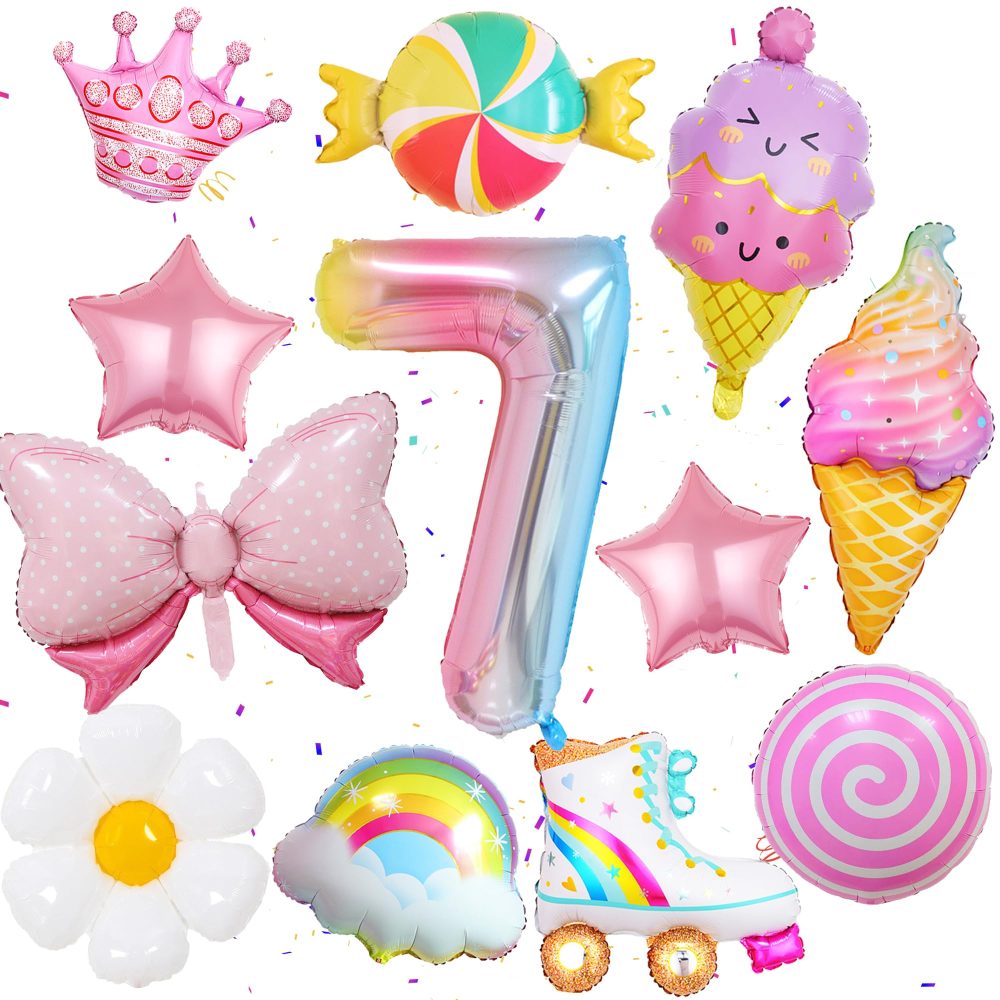 7th Birthday Decorations for Girls - 12 Pieces Inflatable Ice Cream Candy Bow Flower Star Roller Skate Balloons, Large Number 7 Foil Balloon, Colorful 7 Year Old Birthday Party Supplies