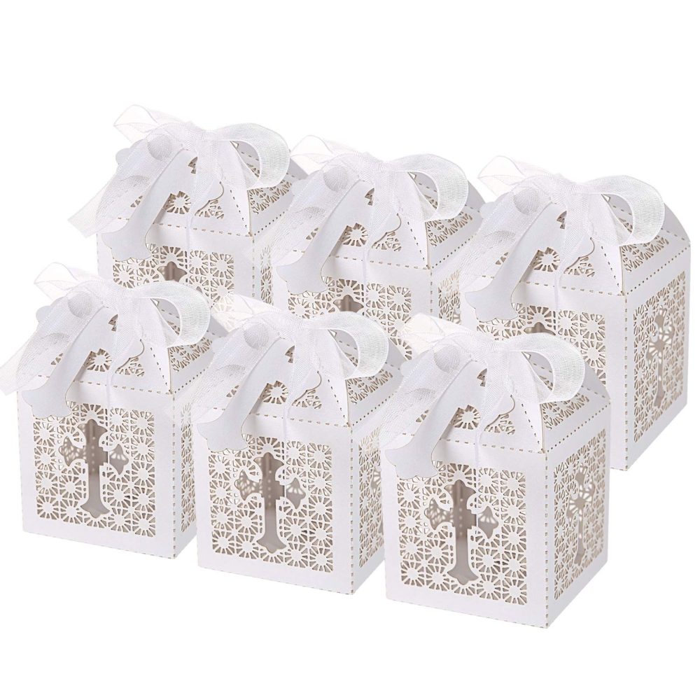 LIHAO 50 PCS Candy Treat Box First Communion Christening Decorations Baptism Favor Boxes Laser Cut Boxes Hollow Cross Favor Gift Box with Ribbons for Wedding Baby Christening Shower Christmas Party