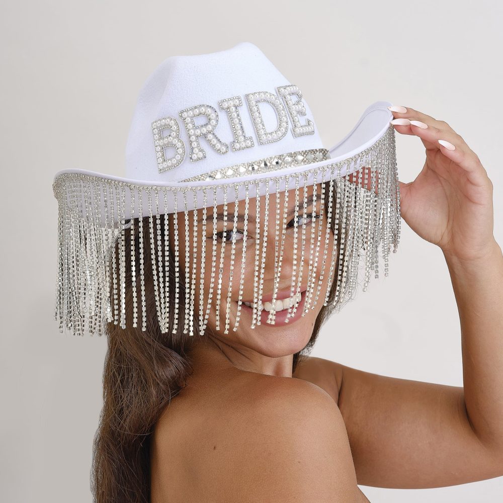 Ginger Ray Embellished Faux Pearl 'Bride' White Cowboy Hat with Tasselled Rim Hen Party Wearable - Image 5