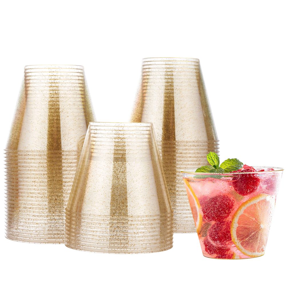 MATANA 60 Premium Clear Hard Plastic Cups, Plastic Party Cups with Gold Glitter (255ml / 9oz) - Reusable Plastic Glasses, Tumblers, Gold Cups for Drinks, Cocktail, Wine, Dessert, Wedding, Parties