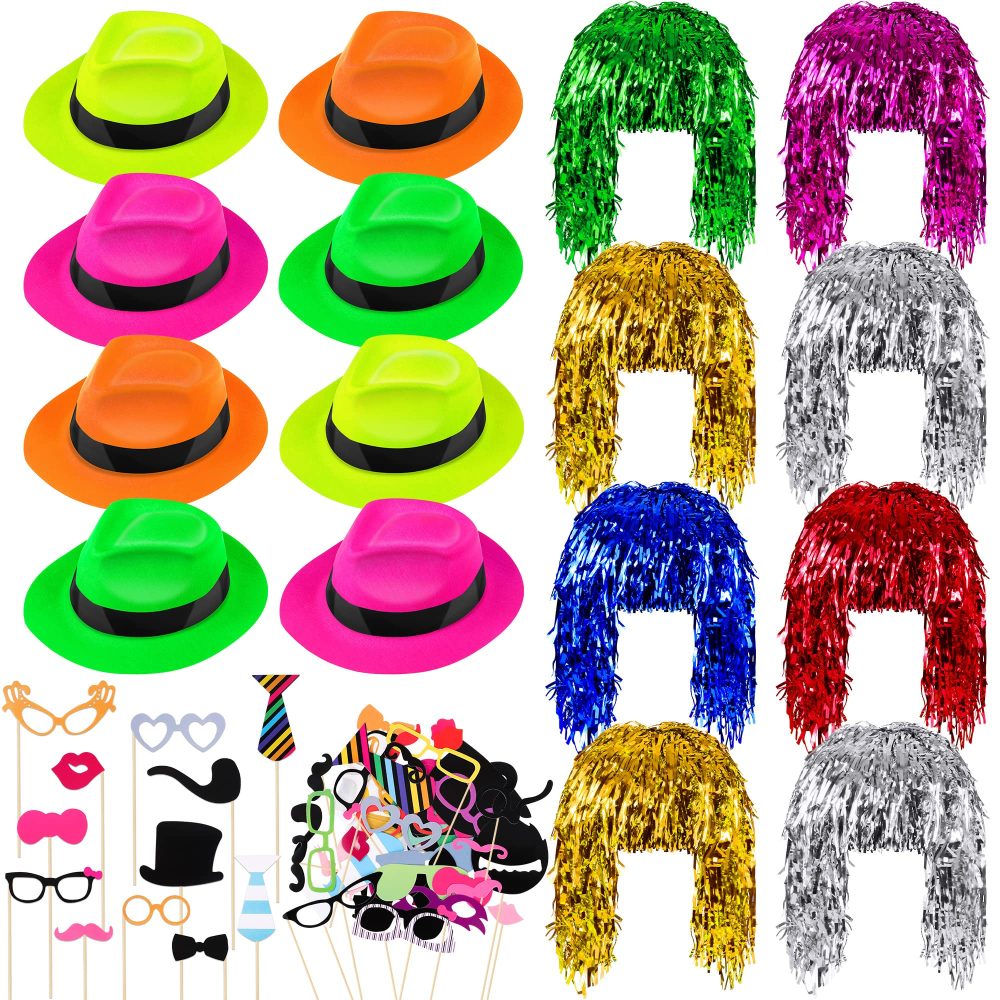 Aodaer 94 Pieces Neon Bright Party Set Funny Neon Gangster Hats Metallic Foil Tinsel Wigs Party Photo Booth Props with Glasses Neon Party Supplies for Adult