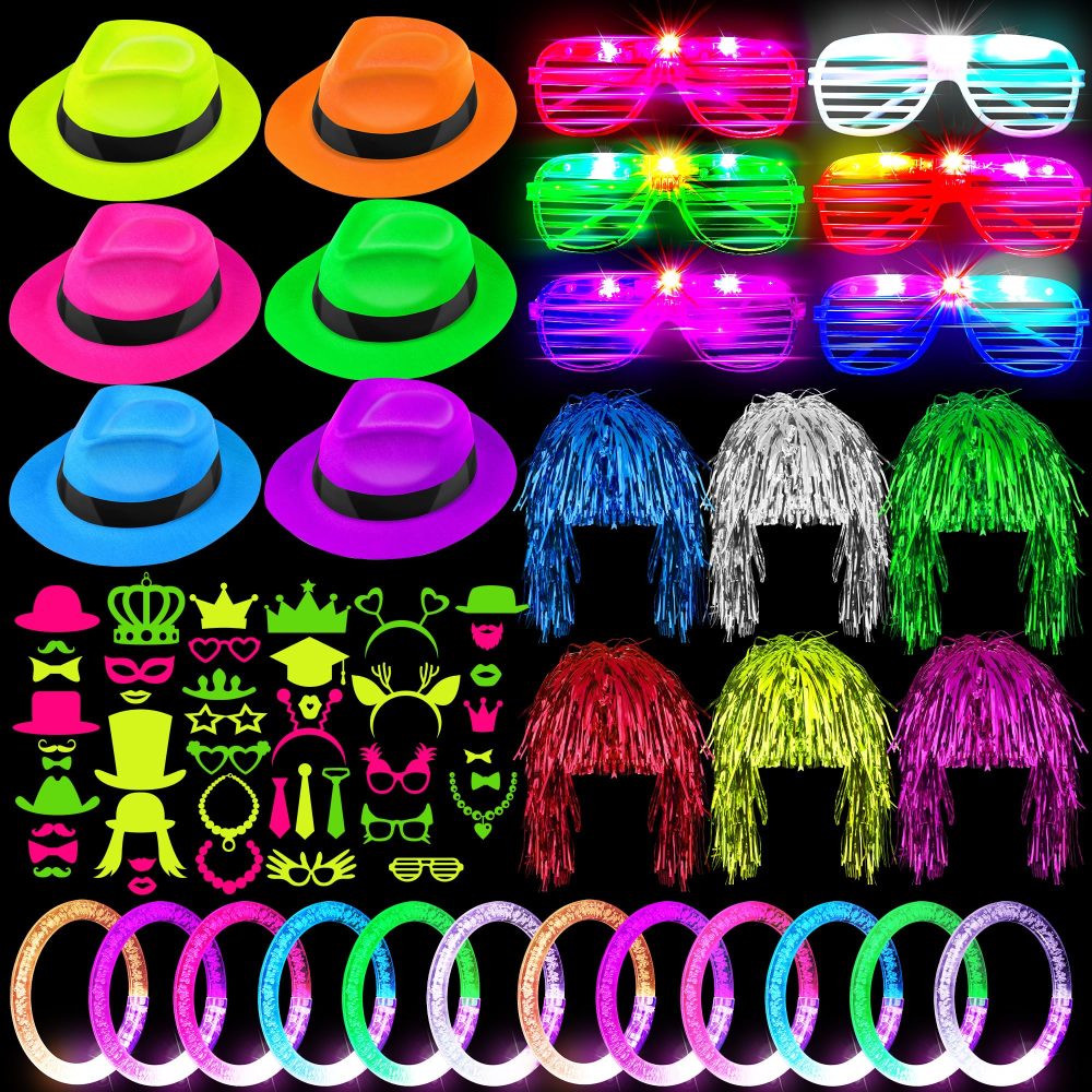 Aodaer 94 Pieces Neon Party Supplies kit Includes 6 Plastic Fedora Hats 6 Colorful Wigs 6 Flashing Light up Glasses 12 Glow Bracelets 44 Photo Booth Props 20 Hairpins for Glow Birthday Party Favors