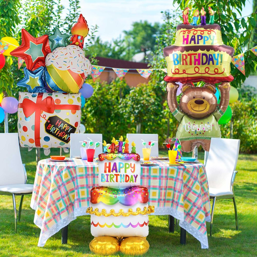 Standing Happy Birthday Balloons Decorations - 3 Pcs Freestanding Decor Printed Chrome Colorful Foil Balloons Helium for Animal Themed Girls Boys Party Supplies - Image 4