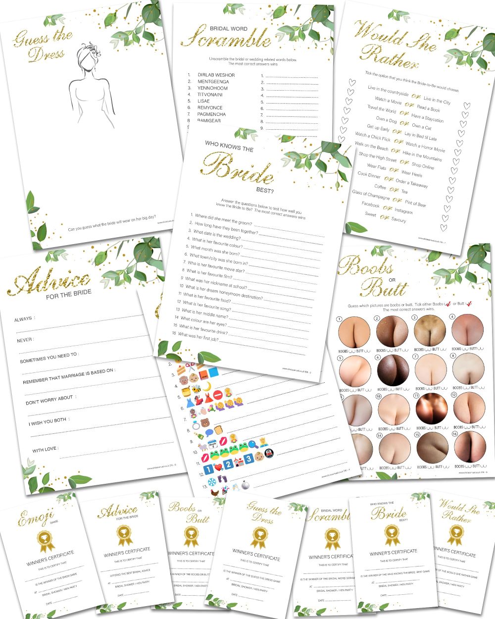 Olivia Samuel Hen Party Games – 7 Games in 1 Mega Bundle. 10 Player Pack Bridal Shower/Hen Party Botanicals Design