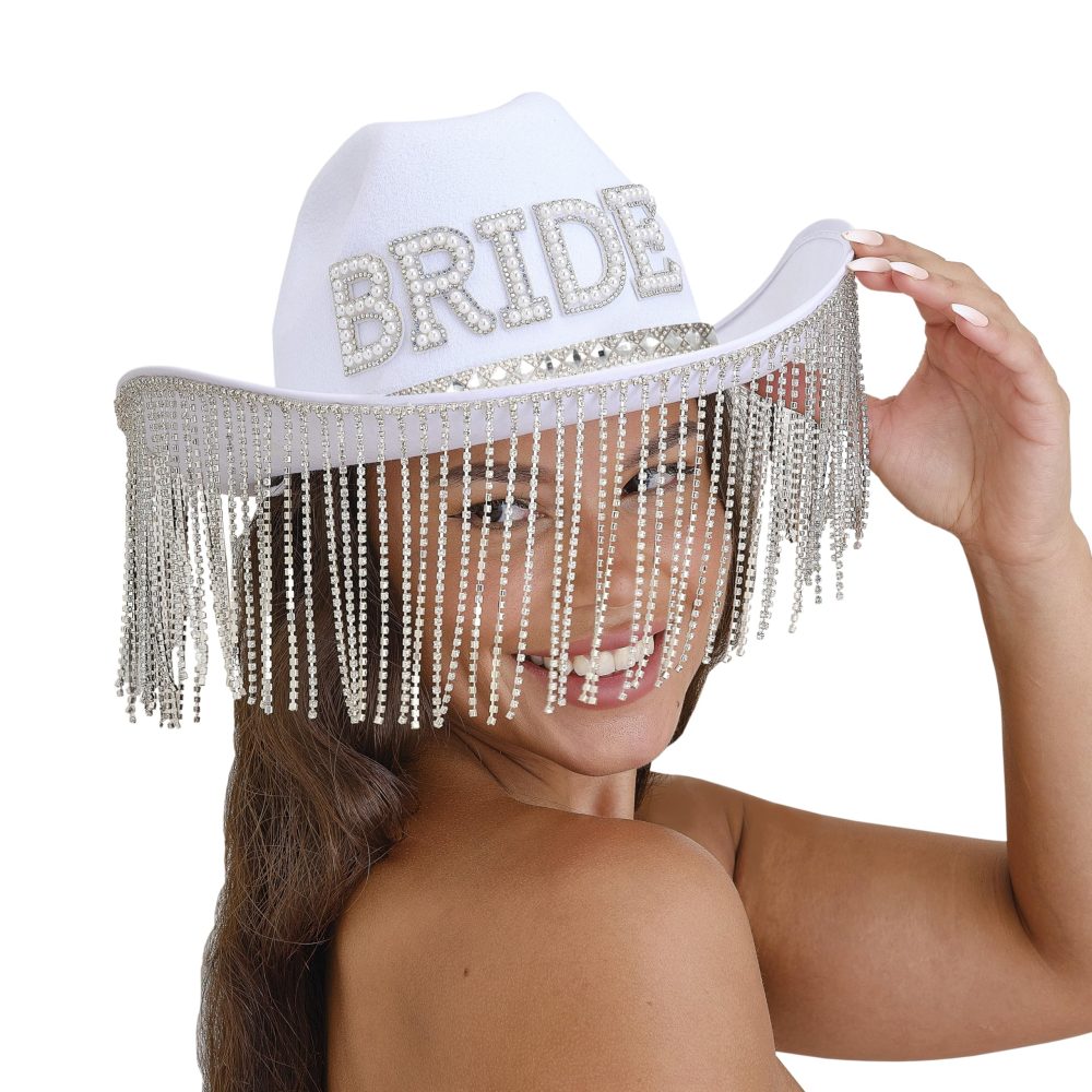 Ginger Ray Embellished Faux Pearl 'Bride' White Cowboy Hat with Tasselled Rim Hen Party Wearable