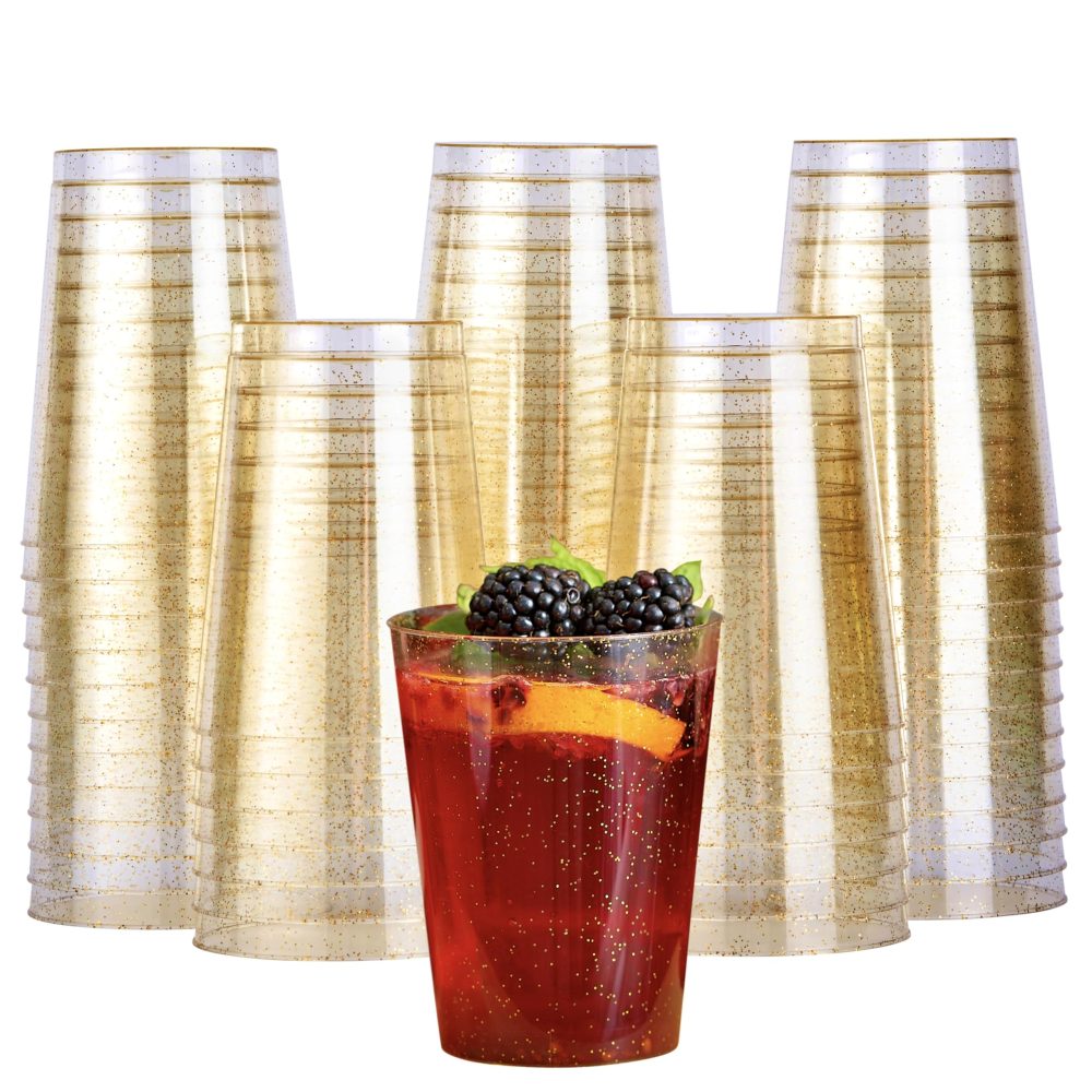 MATANA 50 Premium Clear Hard Plastic Cups, Plastic Party Cups with Gold Glitter (285ml / 10oz) - Reusable Plastic Glasses, Tumblers, Gold Cups for Drinks, Cocktail, Dessert, Wedding, Parties