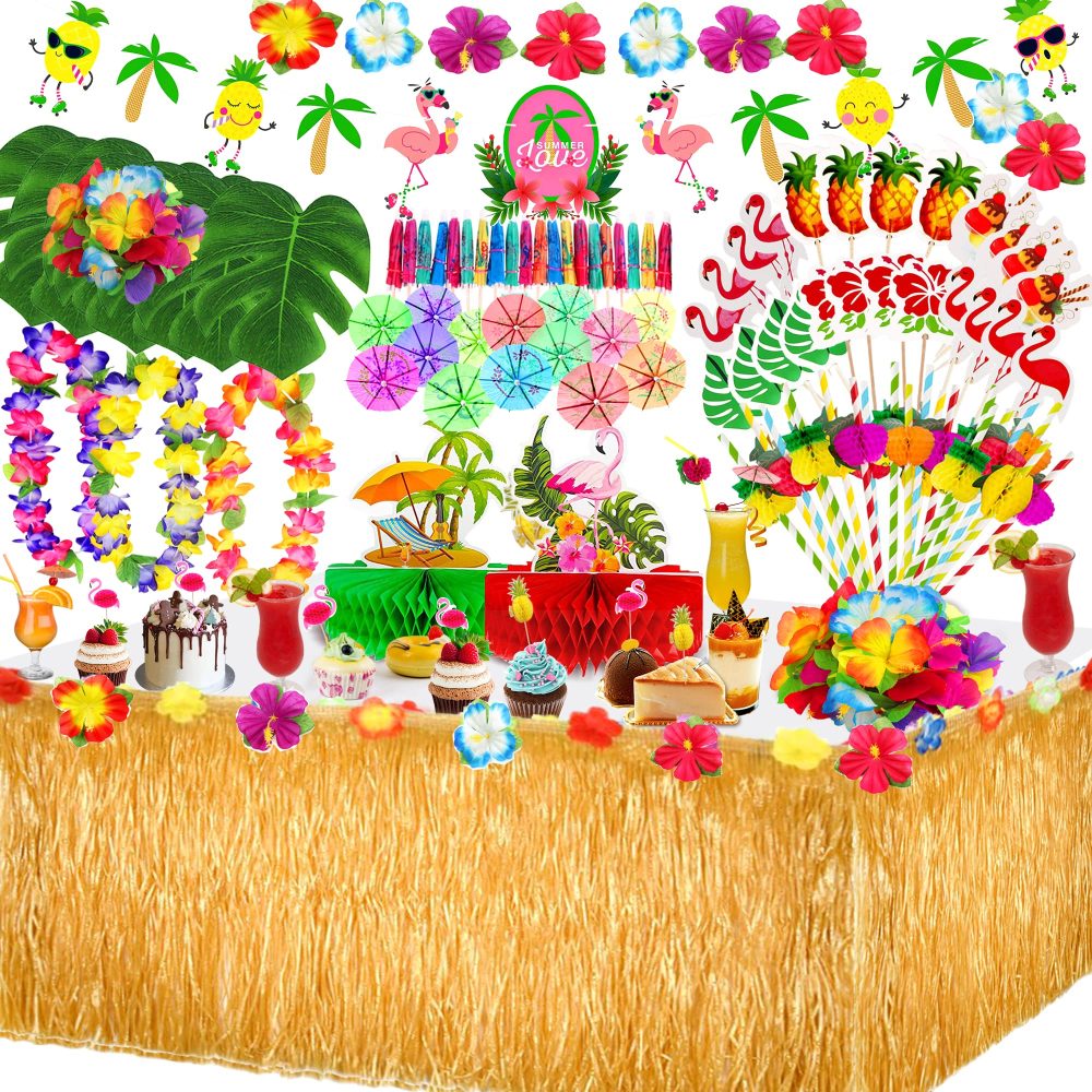 Yucoolili Hawaiian Tropical Party Decorations Hawaiian Table Skirt Tropical Flowers Palm Leaves Fruit Paper Straws Cupcake Topper for Jungle Beach Summer Luau Hawaiian Theme Party