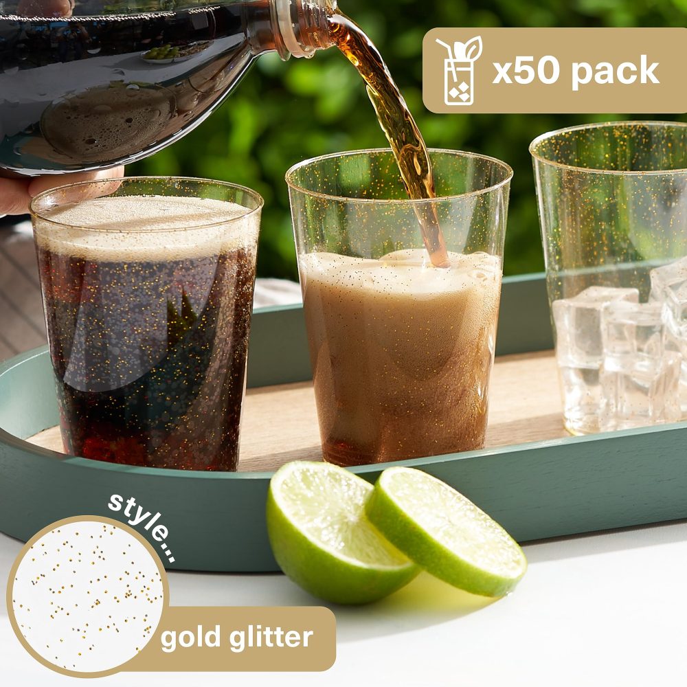 MATANA 50 Premium Clear Hard Plastic Cups, Plastic Party Cups with Gold Glitter (285ml / 10oz) - Reusable Plastic Glasses, Tumblers, Gold Cups for Drinks, Cocktail, Dessert, Wedding, Parties - Image 9