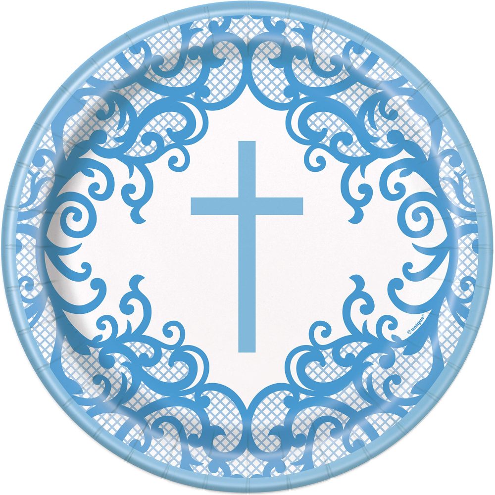 Fancy Blue Cross Round Dinner Plates (22cm) - Elegant & Unique Disposable Tableware - Perfect for Parties, Celebrations, & Special Occasions - 8ct