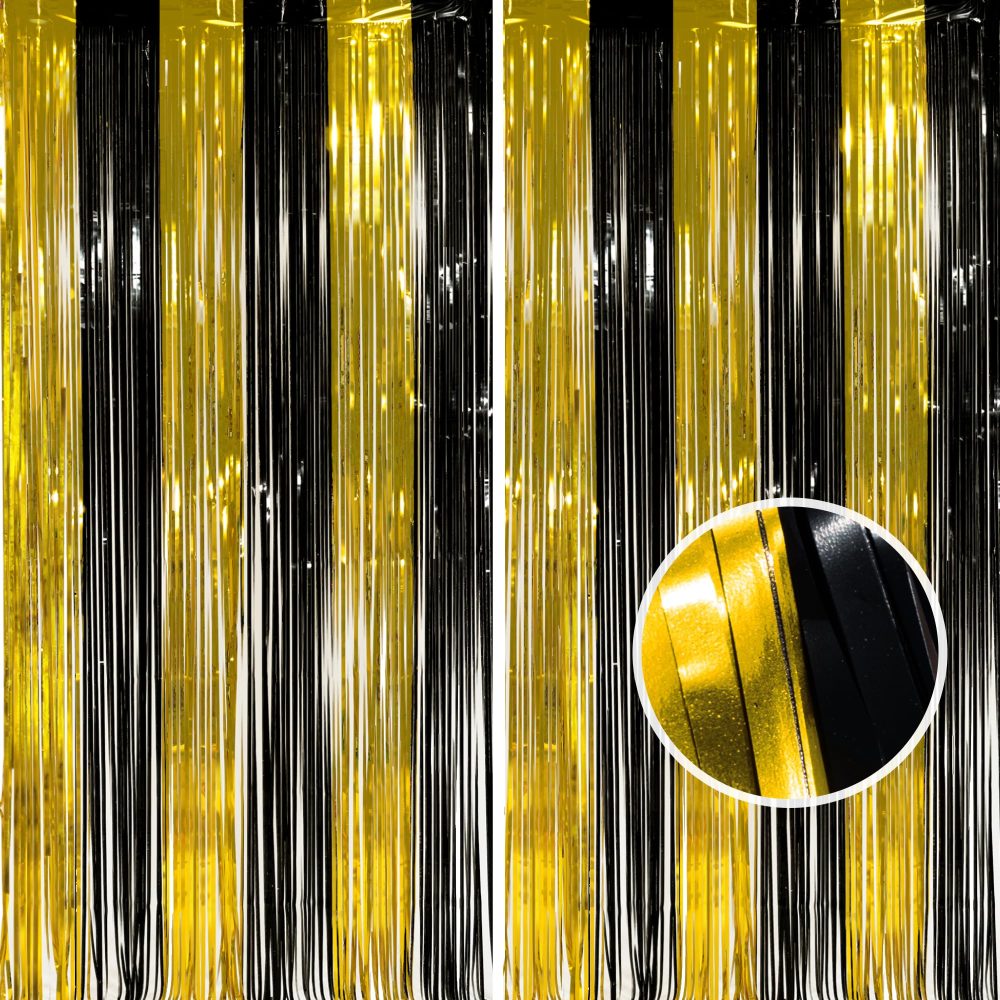 BRAVESHINE 2PCS Gold Black Tinsel Curtains Party Decorations - 3.3x8.2ft Gold Glitter Curtain Backdrop Black Foil Curtain Photo Booth Props for New Years Eve 2025 Graduation Retirement Party Streamers