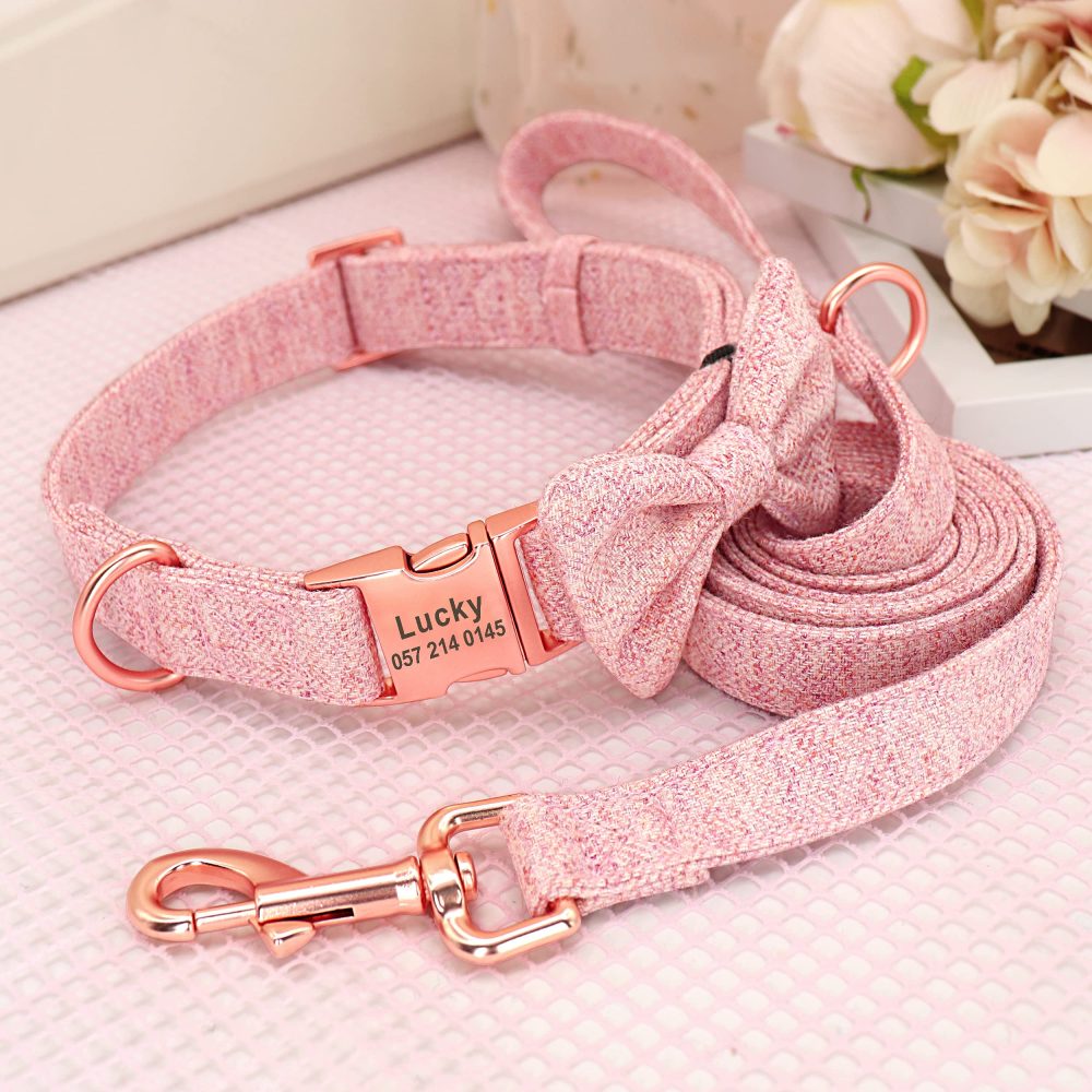 PET ARTIST Personalized Girl Dog Collars with Detachable Bowtie - Soft & Comfy Cute Dog Collar and Leash Set with Rose Gold Buckle - Adjustable Bowtie Collars for Small Medium Large Dogs,Pink,S - Image 4