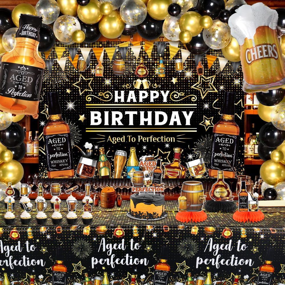 Whiskey Birthday Party Decorations - Aged to Perfection HAPPY BIRTHDAY Backdrop Black Champagne Gold Balloons Garland Wine Cake Toppers Centerpiece Tablecover Cheers and Beers Party for Man Daddy - Image 5