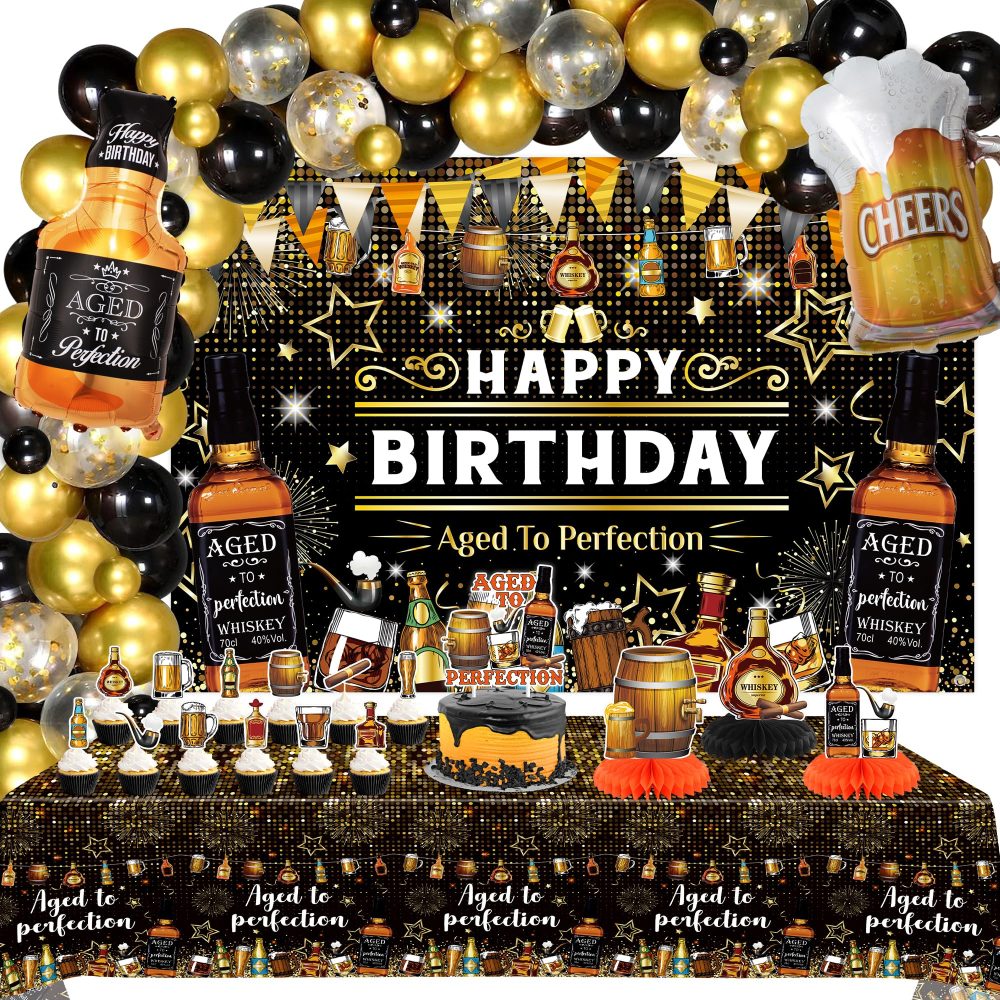 Whiskey Birthday Party Decorations - Aged to Perfection HAPPY BIRTHDAY Backdrop Black Champagne Gold Balloons Garland Wine Cake Toppers Centerpiece Tablecover Cheers and Beers Party for Man Daddy