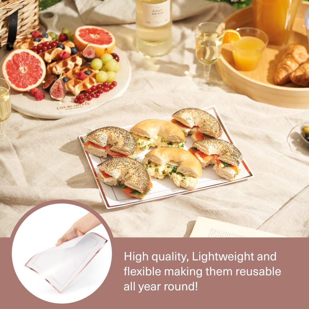 MATANA 6 White Plastic Serving Platters with Rose Gold Border, Food Party Trays - 30x23cm - Buffets, Weddings, Birthdays, Parties - Elegant, Sturdy & Reusable - Image 5