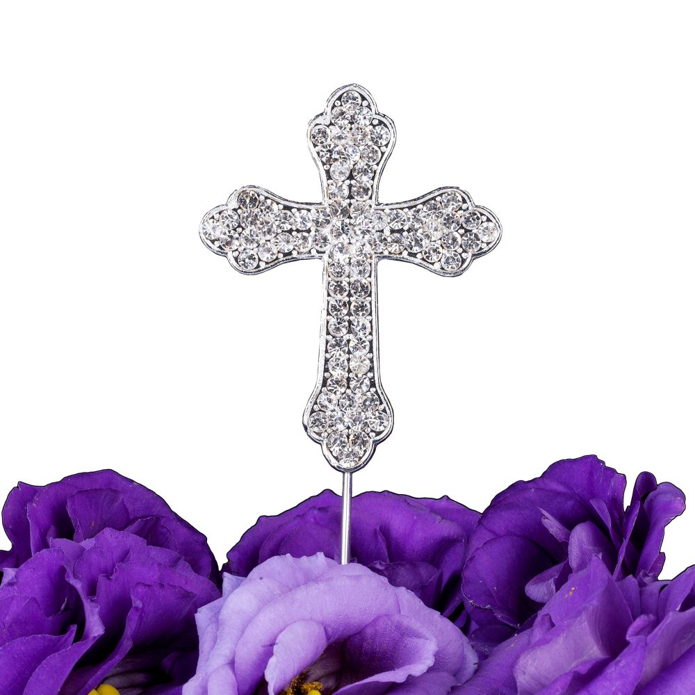 LOVENJOY Cross Rhinestone Crystal Cake Top Topper for Wedding Religious Baptism Christening First Communion Confirmation, Silver Colour (Small 2.2-inch wide)