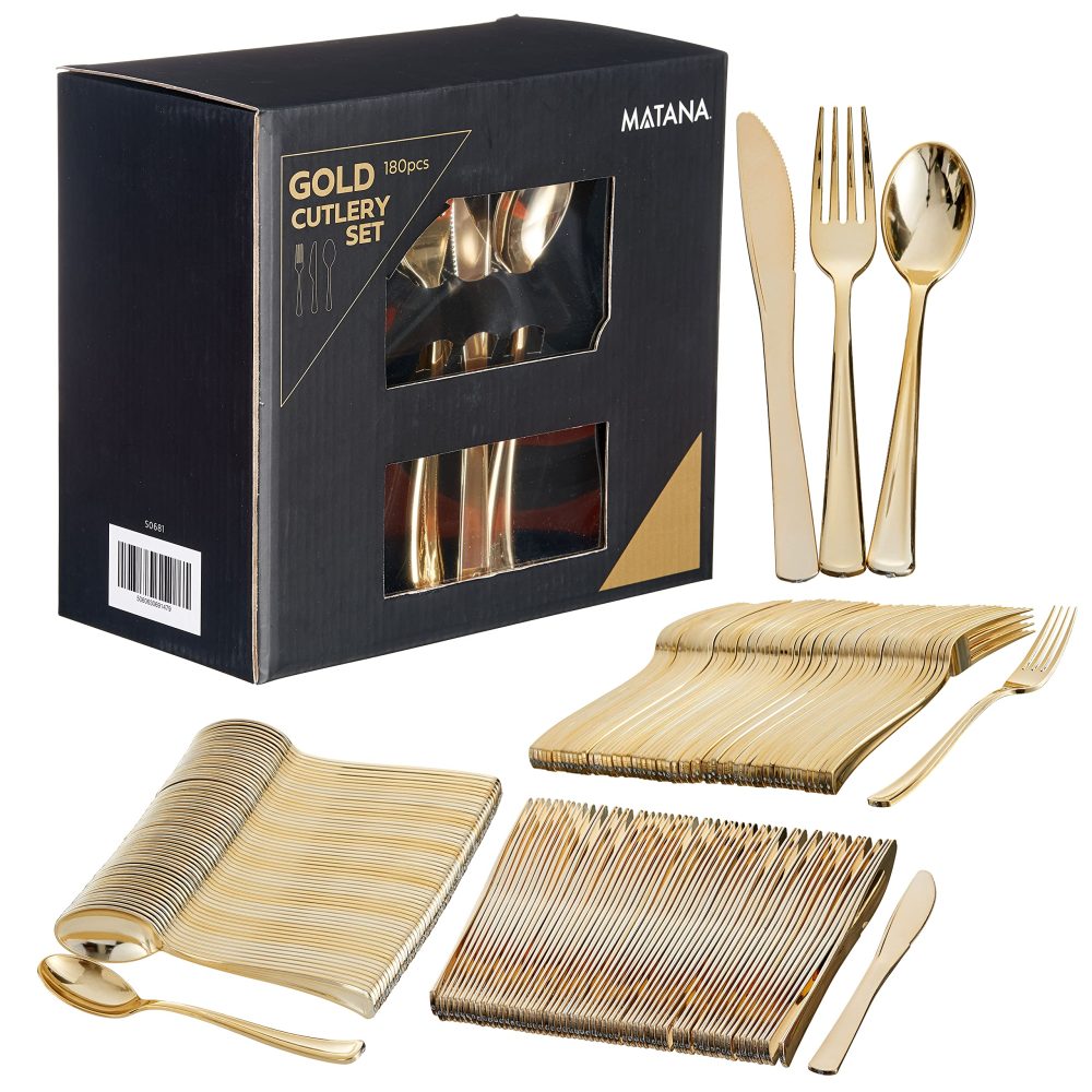 MATANA - 180 Elegant Gold Plastic Cutlery Set - 60 Knives, 60 Forks, 60 Spoons - Hand Washable, Reusable & Heavy Duty Tableware for Weddings, Birthday, Parties & Events