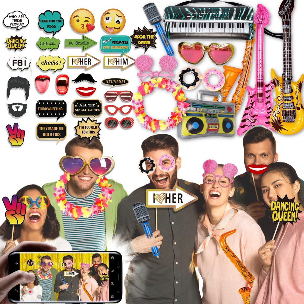 41 Pc Large Premium Photo Booth Props Set for All Occasions - Wedding Props, Birthday Party Props, New Years Props, Graduation Props, Inflatables, Large Glasses, Funny Signs, Hawaiian Garland - Image 3