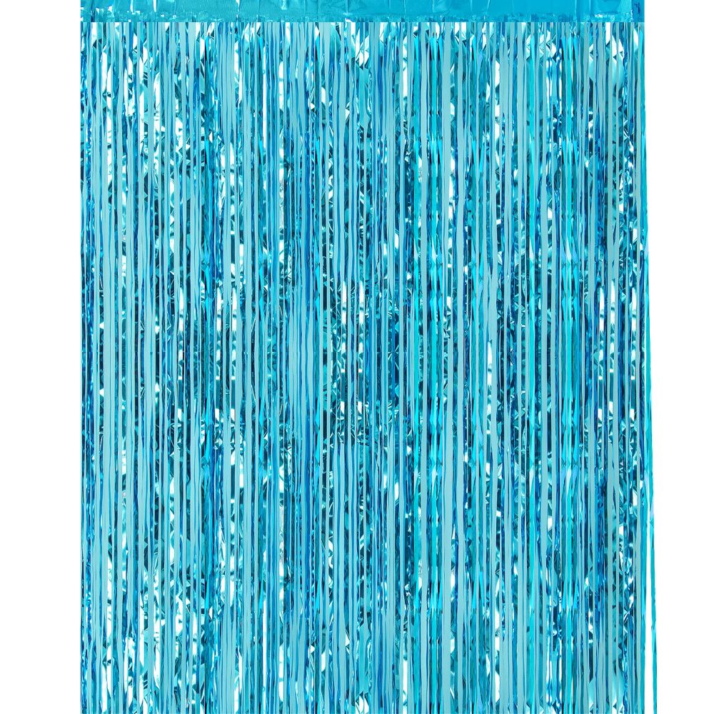 CHRORINE 1pcs 6.5ft Light Blue Metallic Tinsel Foil Fringe Curtain Door Curtains Hanging Streamers for Frozen Mermaid Birthday Baby Shower Mama Mia Bachelorette Blue Party Decorations