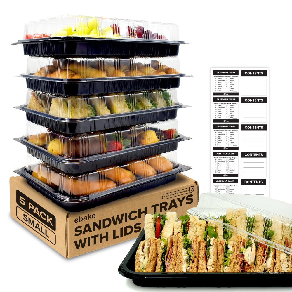 ebake Pack of 5 Sandwich Platter Trays with Lids - Reusable Plastic Buffet Trays for Catering, Sandwich Trays & Meal Prep Serving Trays for Parties, Events and Birthdays - 34 x 24 x 7.5cm