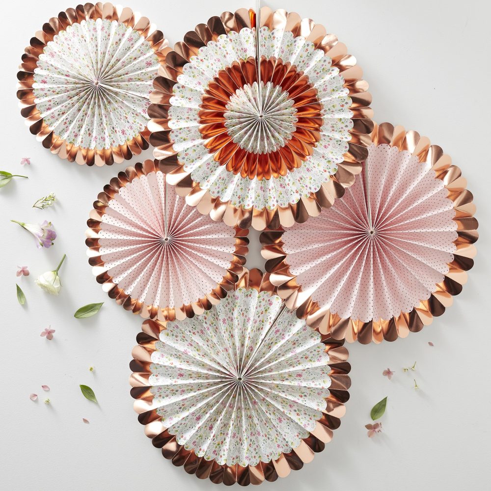 Ginger Ray Floral & Rose Gold Foiled Party Fan Decorations 5 Pack Ditsy